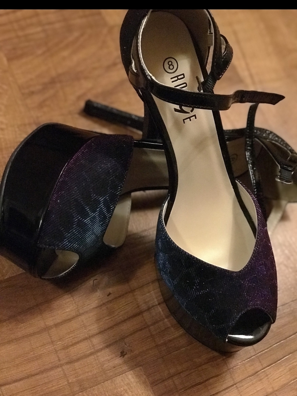 Rouge! Iridescent Purple-Blue Peep-Toe Ankle-Strap Platform Heels